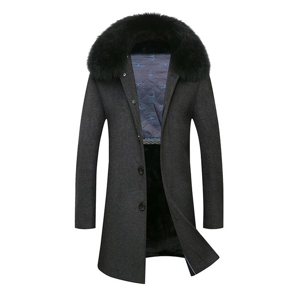 

nice extra long thicken warm jacket men wool coat winter big detachable fur collar overcoat man, Black