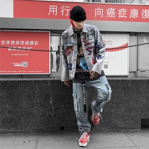 

Mens Autumn Graffiti Jean Jackets Street Style Fashion Long Sleeve Hand Painted Casual Clothing Hommes Apparel