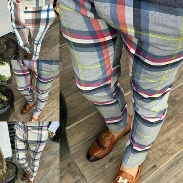 

центр мужчины брюки клетчатые костюмы bottoms узкие joggers пот трек брюки chinos брюки sexy slim fit повседневные брюки плюс размер, Black