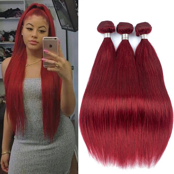 Red Human Hair 4 Bundles Colored Peruvian Straight Hair Extensions