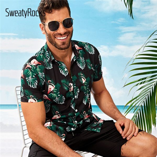

sweatyrocks men tropical and flamingo print shirt holiday short sleeve boho shirts 2019 summer streetwear button up shirts, White;black