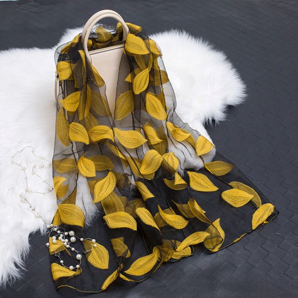 

2019 spring summer scarf lightweight sheer leaf cut flowers print gauze scarves shawls beach stoles hijab yellow red blue 180*70