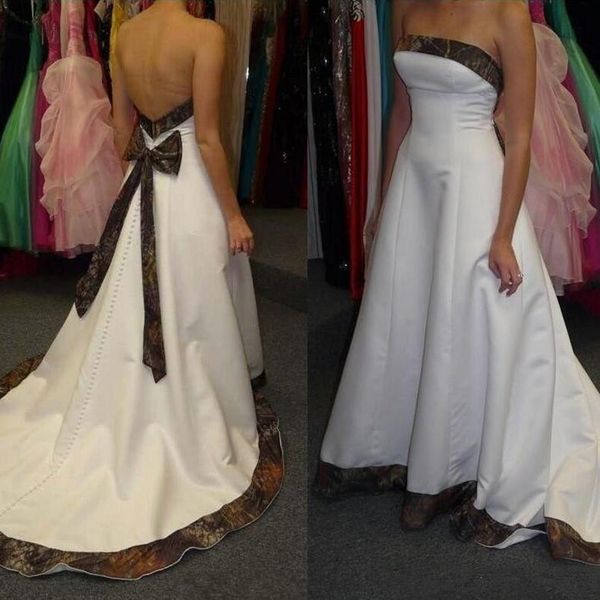 

simple a line camo wedding dresses strapless sweep train country bridal gowns custm made bow sash back with covered buttons, White