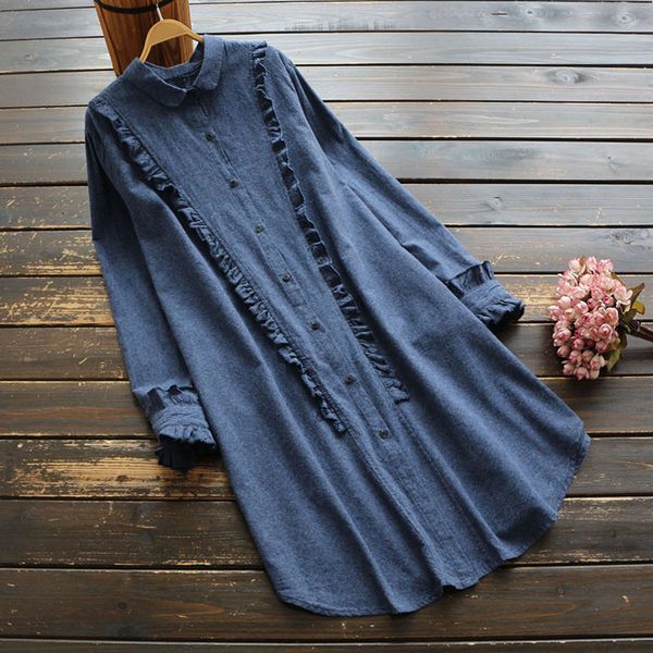 

5742 new spring women's ruffle trimmed long cardigan shirt brushed cotton solid color dress, Black;gray