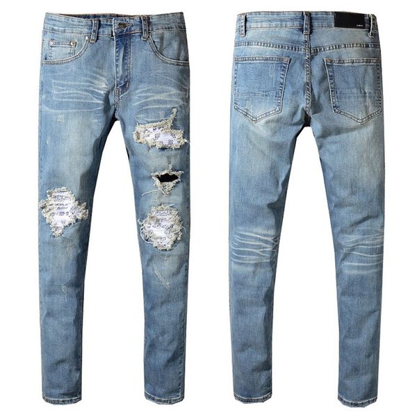 

jeans men distressed ripped biker slim fit designer jeans motorcycle biker denim fashion pants hip hop mens jeans, Blue