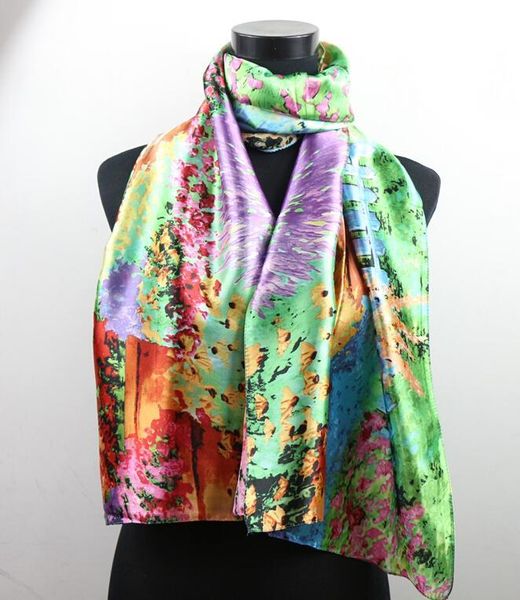 

1pcs lavender peacock feathers women's fashion satin oil painting long wrap shawl beach silk scarf 160x50cm, Blue;gray