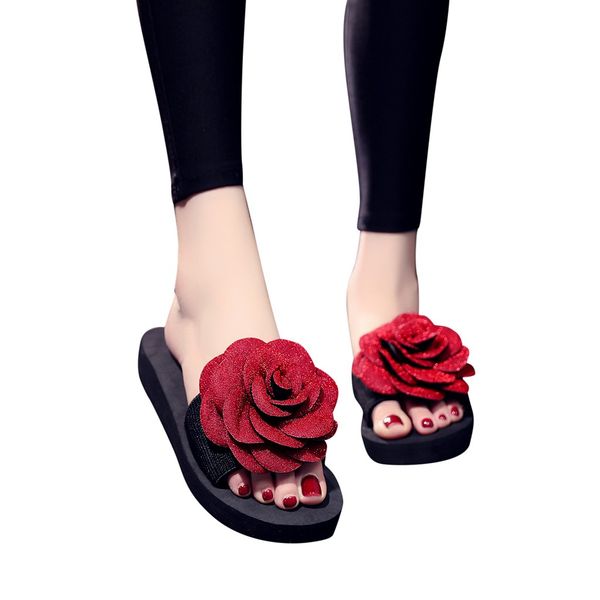 

fashion women beach women slip-on open toe shining flower wedges color low slipper shoe simple elegant female outdoor slippers, Black