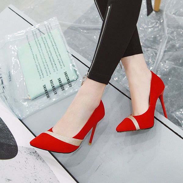 

stiletto heel gold suede patchwork pointed toe women pumps 100mm fashion high heels shoes for women office dress shoes large size, Black