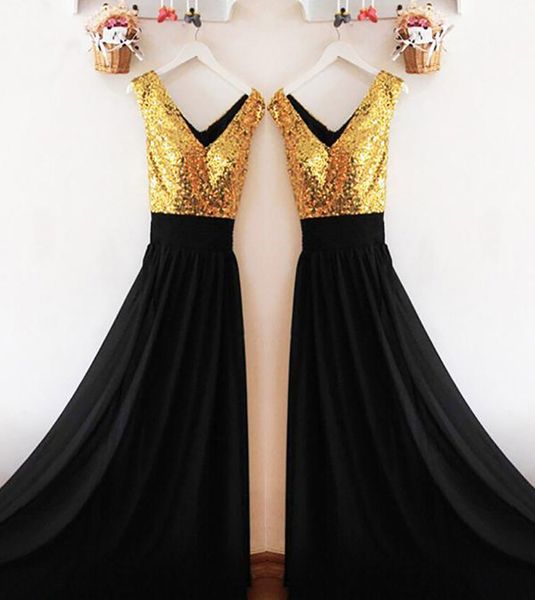 Gold Sequins Black Chiffon Bridesmaid платья V-образным вырезом Длина пола Длина горничной чести платье свадебные гостевые платья плюс размер дешевый