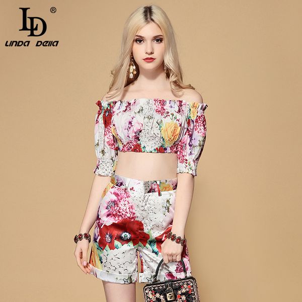 

ld linda della casual vacation 2 two pieces set fashion runway women's sets slash neck + boho beach holiday shorts set, White