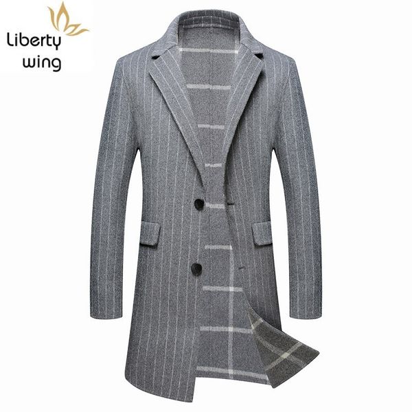 

men's wool & blends 2021 overcoat mens formal business winter double sided long jacket fashion gray striped woolen coat men, Black