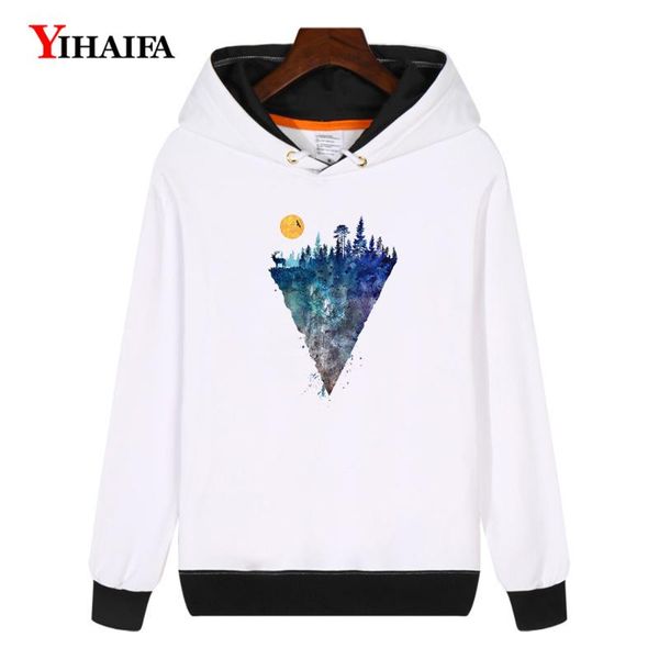 

yihaifa women hoodies kpop sweatshirts harajuku galaxy mountain printed pullover winter fleece thick coat streetwear, Black