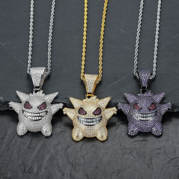 

full rhinestone gengar iced out pendant necklace hip hop bling chains jewelry for men with twisted chain 2020 new fashion, Silver