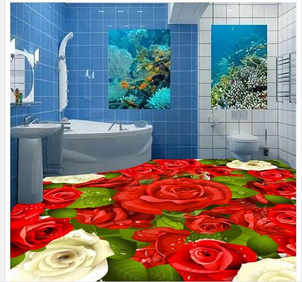 

3d rose floor decorative painting 3d bathroom wallpaper waterproof