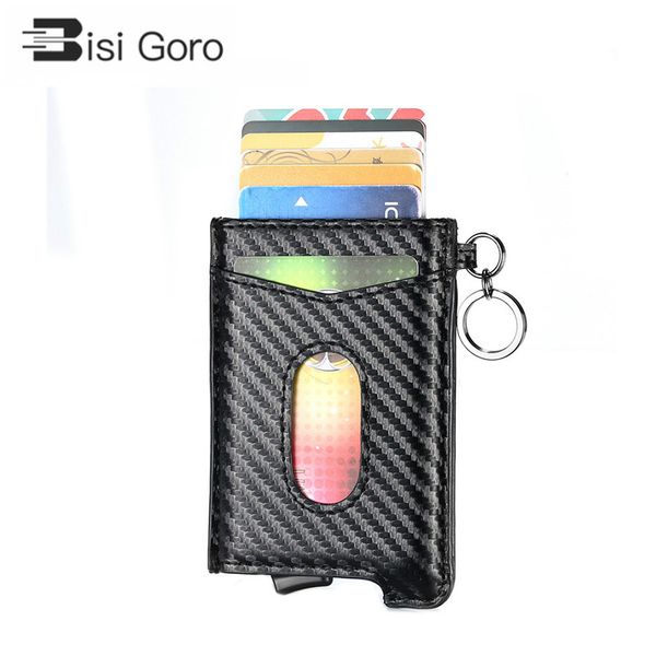 

2020 anit-theft wallet card for men and women automatic -up card case carbon fiber rfid blocking holder key ring, Red;black