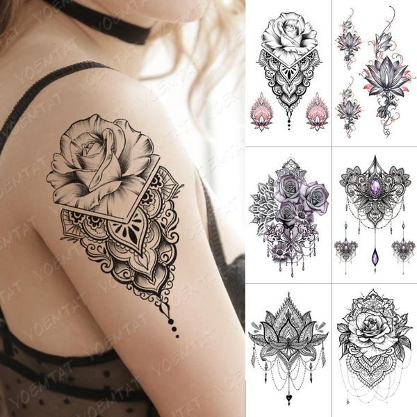 

waterproof temporary tattoo sticker black henna flower rose flash tattoos leaf peony body art arm fake tatoo women men