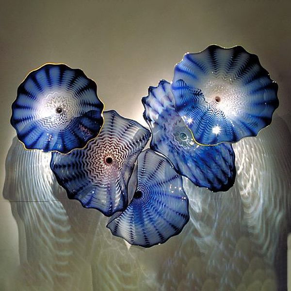 

Hand Blown Glass Plates Wall Art Decor Blue Art Glass Wall Lighting Italian Blue Flower for Home Decor Free Shipping