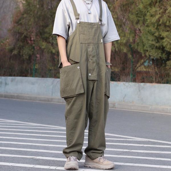 

men's pants the japanese casual siamese fashion retro wide-leg tooling overalls, Black