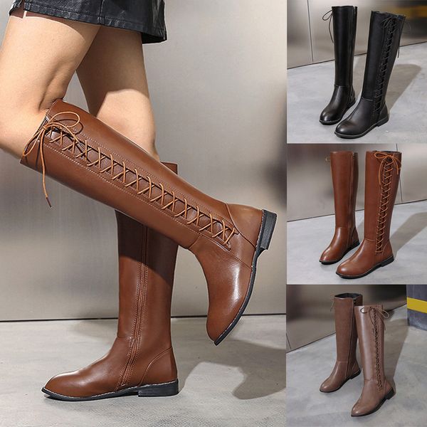 

women boots fashion leather zipper square heel high boots knee-high round toe cross strap female shoes plus size f50#, Black