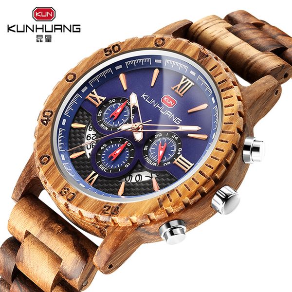 

new fashion kunhurng wooden watch men chronograph datecasual wood luxury quartz mens watch with gift montre homme, Slivery;brown
