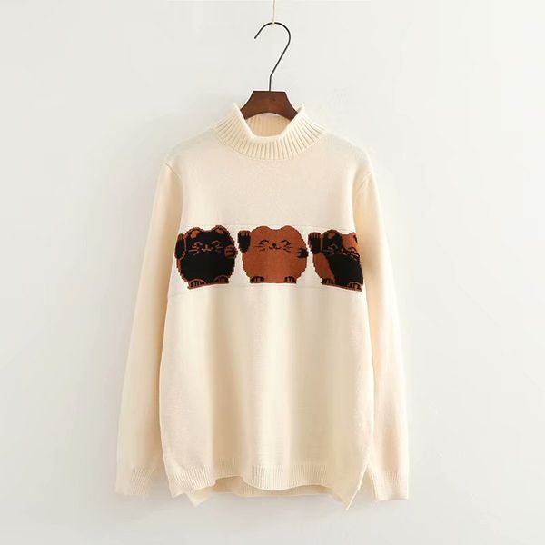 

fall 2019 women cute cartoon funny cat casual sweaters long sleeve turtleneck loose pullovers, White;black