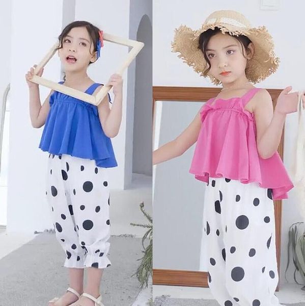 

2020 korean style girls 2 pcs set ruffles vest+dots pants fashion summer girls suit 3-8t b674, White