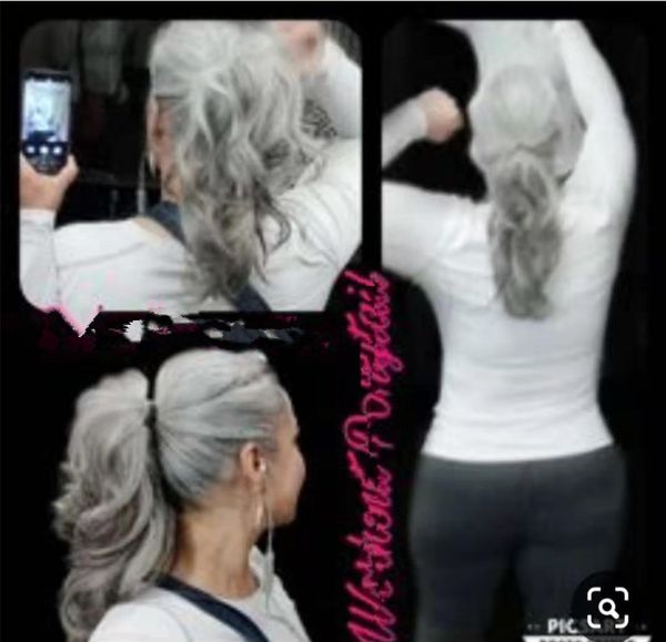 Cinza Grampo de cabelo Pony hairpiece Clipe Em cinza branco Cabelo Virgem Brasileiro Profunda Encaracolado ondulado Extensões de Cabelo rabo de Cavalo