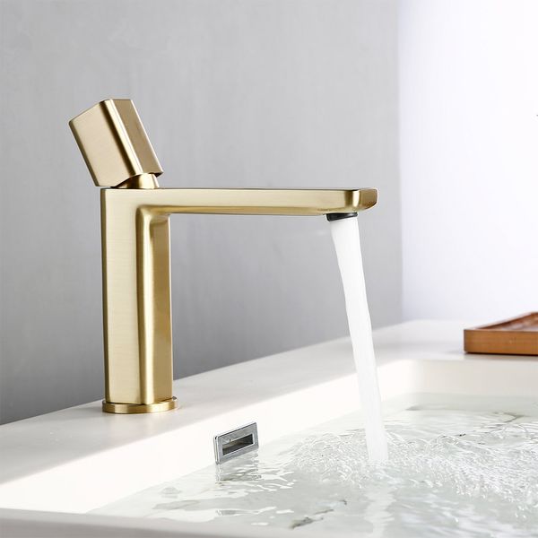 Ottone spazzolato oro monoforo maniglia singola lavabo da appoggio lavabo acqua calda e fredda rubinetti bagno