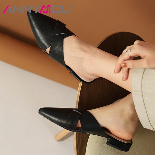 

annymoli natural genuine leather mules shoes pointed toe flat shoes solid shallow dress ladies footwear yellow beige 34-40, Black