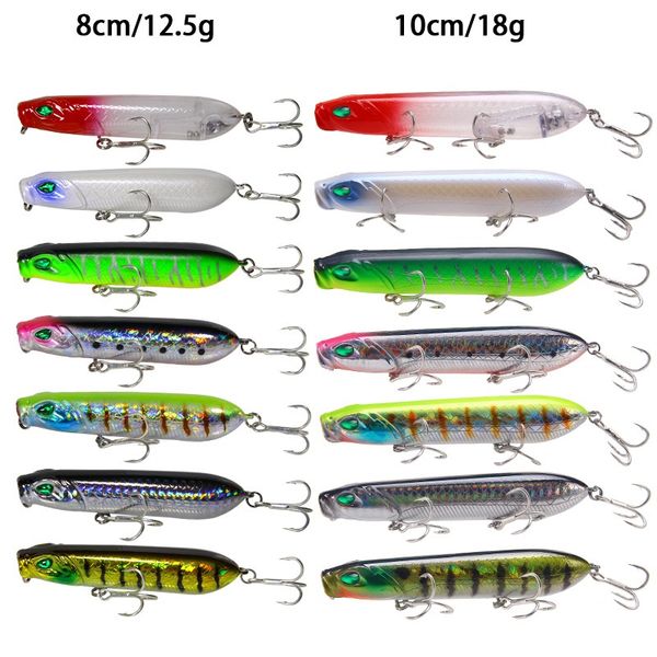 

7pcs/lot popper hard pencil fishing bait peche with 2/3 hooks water wobbler for trolling lure