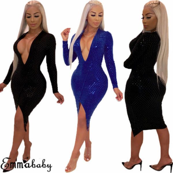 

женщины одеваются шикарный стильный блеск блесток вечер клуб платье с длинным рукавом глубокий v шеи bodycon летние девушки vestidos горячая, Black;gray