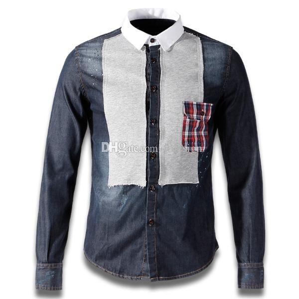

man denim cotton shirts with pocket long sleeves fade vingate painted jean cowboy shirts skinny fit, White;black