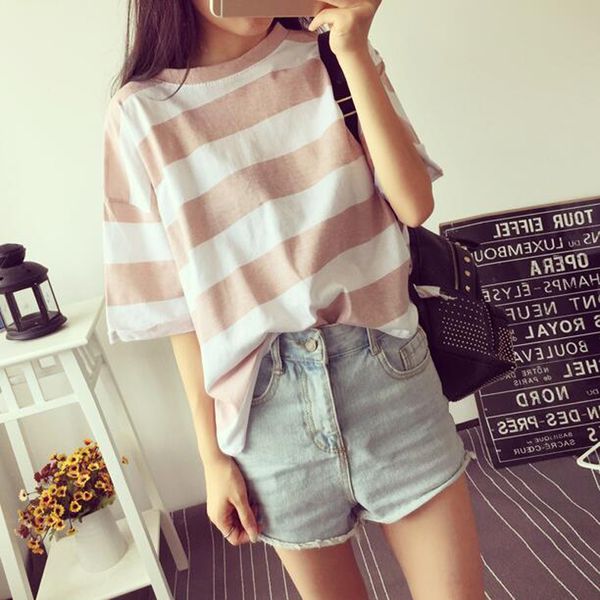 

new fashion t shirts women spring summer striped color short sleeve o neck tshirt femme casual loose sweet style basic t shirt, White