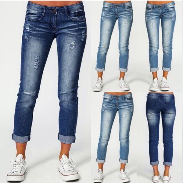 

women skinny high waist jeans 2020 summer autumn casual ripped cuffs ankle length pencil stretch slim pants plus size, Blue