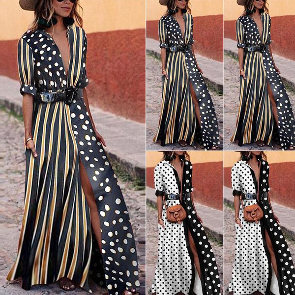 

2018 womens t-shirt long maxi dress split clubwear party solid shirt dress summer plus size boho half sleeve swing dots dresses y190117, Black;pink