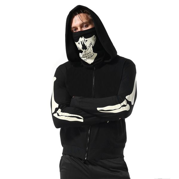 

2018 fashion men hoodies with mask skull solid long sleeve male hooded sweatshirt casual zipper men pullover blouse, Black