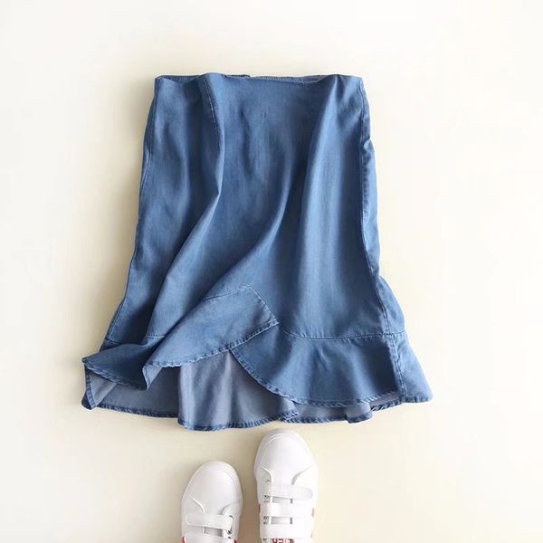 

2018 vintage cotton denim women summer skirt ruffles hem women midi skirts summer skirts female jupe faldas saias, Black