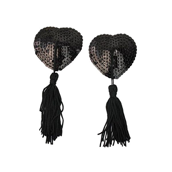 

pair adhesive breast pasties sequins nipple stickers cover lave heart tassel breast concealer pad for women (black
