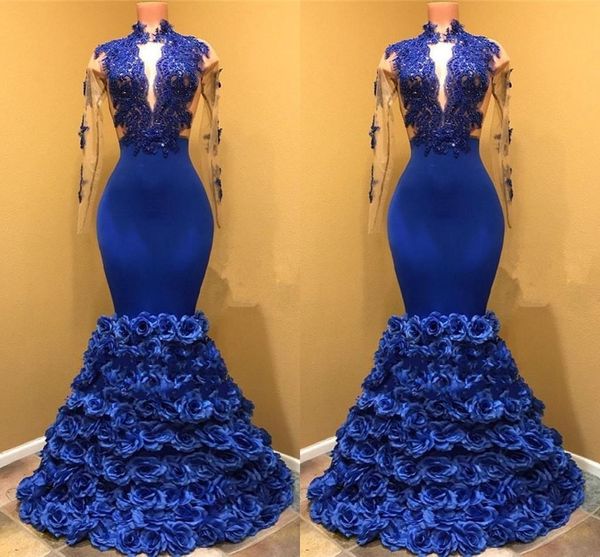 

high neck royal blue mermaid prom dresses with seer long sleeves appliques rose flowers formal evening party gowns, Black;red