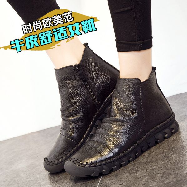 

shoe knight boots genuine leather ankle shoes vintage casual shoes brand design retro handmade women boots lady, Black