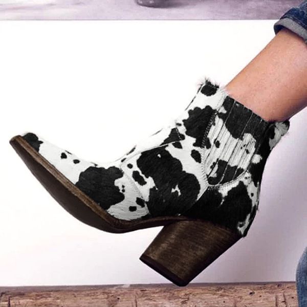 

white ankle boots for women fashion womens plus size pointed toe leather animal print chunky heel booties#4, Black