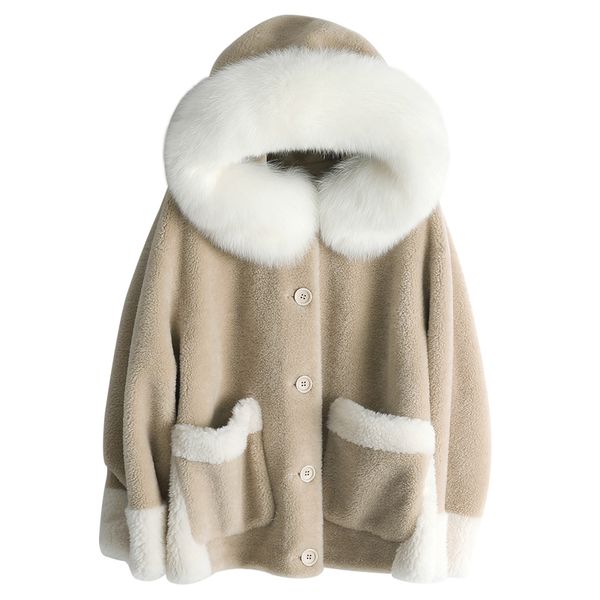 

real fur coat fur collar wool jacket autumn winter coat women clothes 2020 korean vintage sheep shearling women zt3884, Black