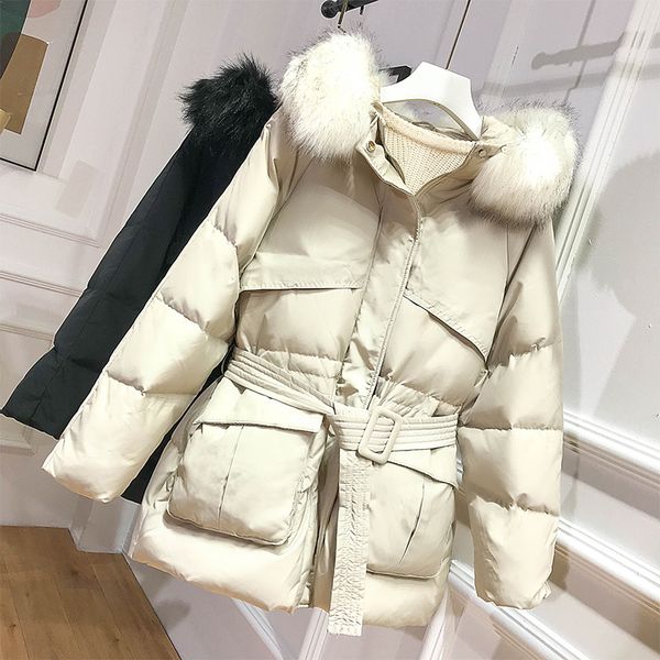 

heavy hair collar brief paragraph down jacket white duck down loose coat fashion tide. lady, Black