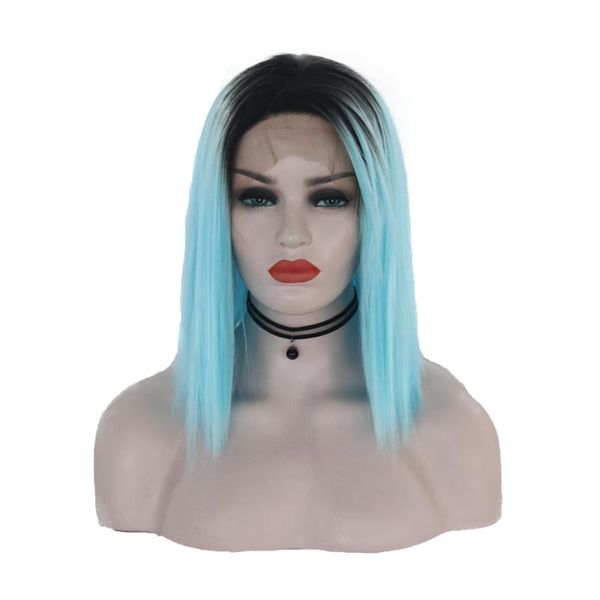 

aimeya ombre light blue silky straight short lace front wig for women dark roots side part synthetic lace wig heat resistant, Black