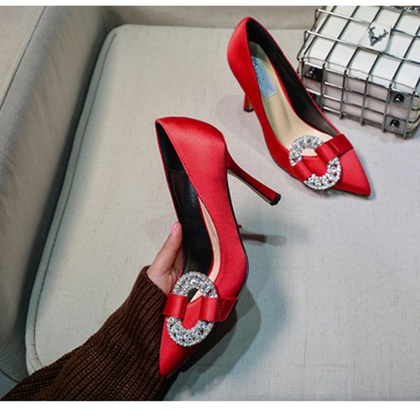 

spring autumn shoes crystal round buckle pumps satin/patent leather rhinestones pointed high heels women wedding banquet shoes, Black