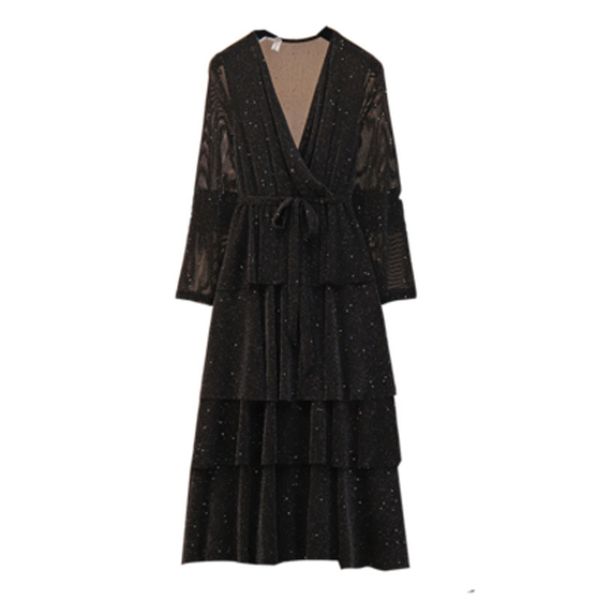 

women's european style lace women's robe jeans v-neck vestidos cake rules dress, Black;gray