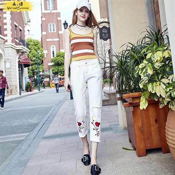 

rose embroidery nine points burr jeans female hole straight tube pants chao, Blue