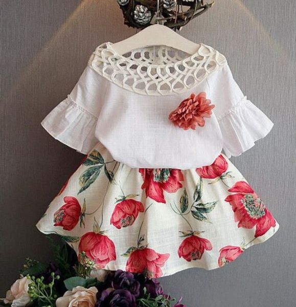 

cute white butterfly sleeve pullover + printed skirt set children clothes summer sets baby girl child 2pcs set