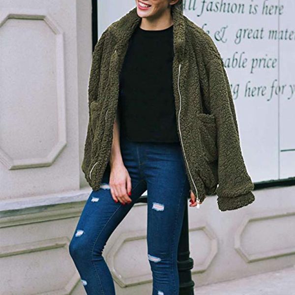

casual lapel neck double pocket daily women coat long sleeve soft washable warm shopping zipper closure winter holiday brushy, Black