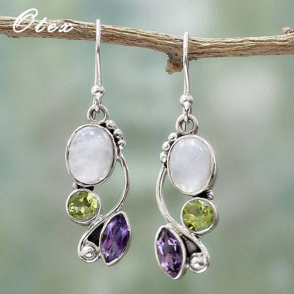 

luxury new fashion natural moonstone 925 steel silver earrings european beauty multi-color zircon earring hip hop jewelry gifts, Golden;silver